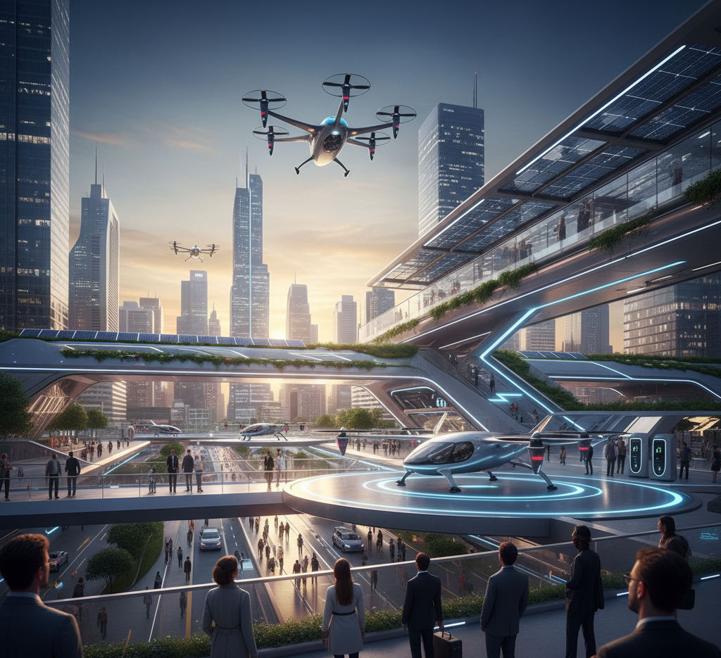 Future vision of an integrated urban air mobility vertiport network with electric aircraft and city interchange